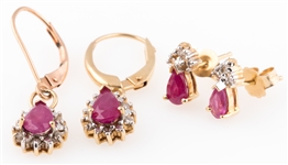 14K YELLOW GOLD & RUBY EARRINGS LOT OF 2 PAIRS