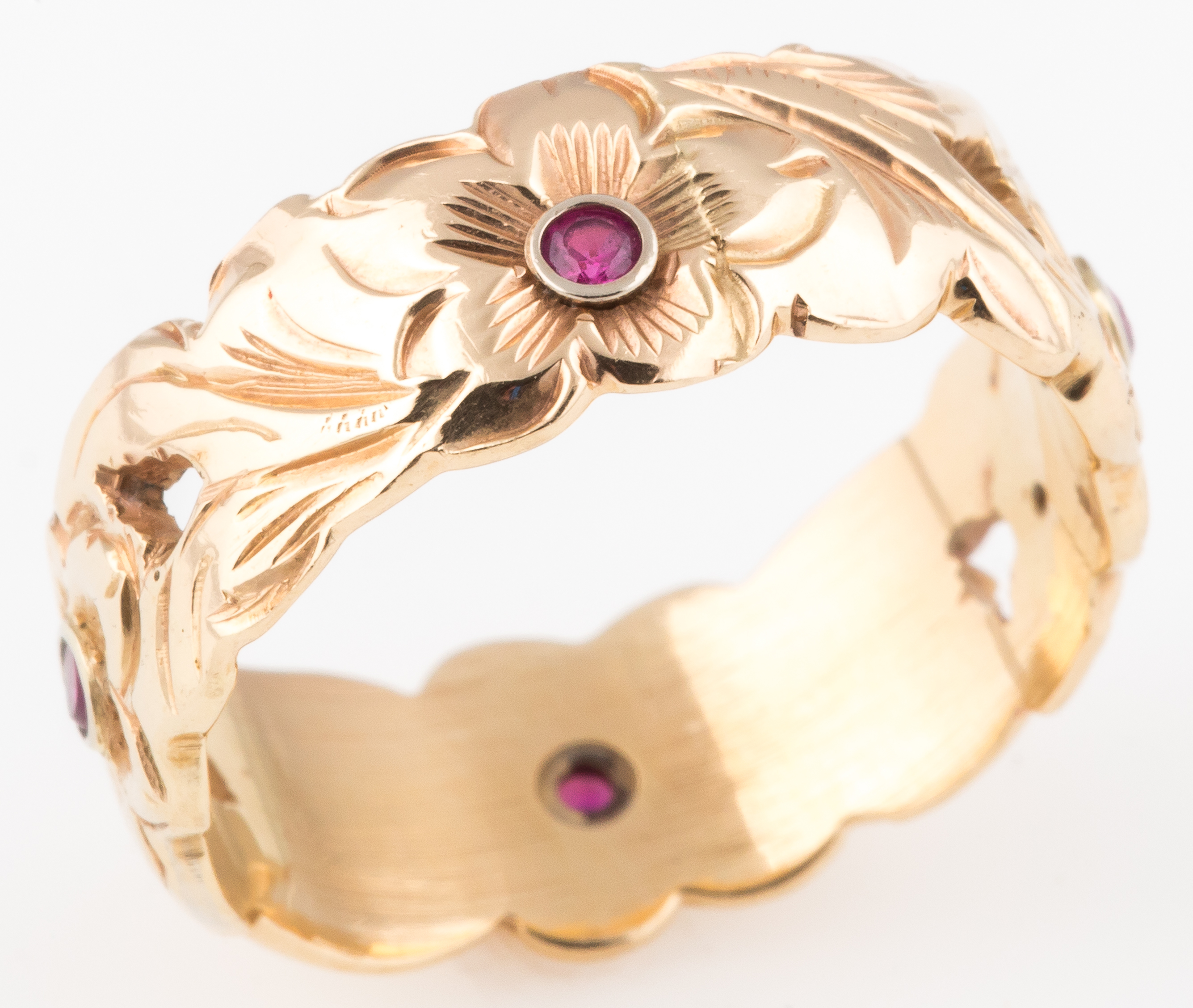 Lot Detail - 14K YELLOW GOLD & RUBY FLORAL WIDE BAND RING