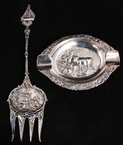 DUTCH 830 SILVER ASHTRAY AND FORK