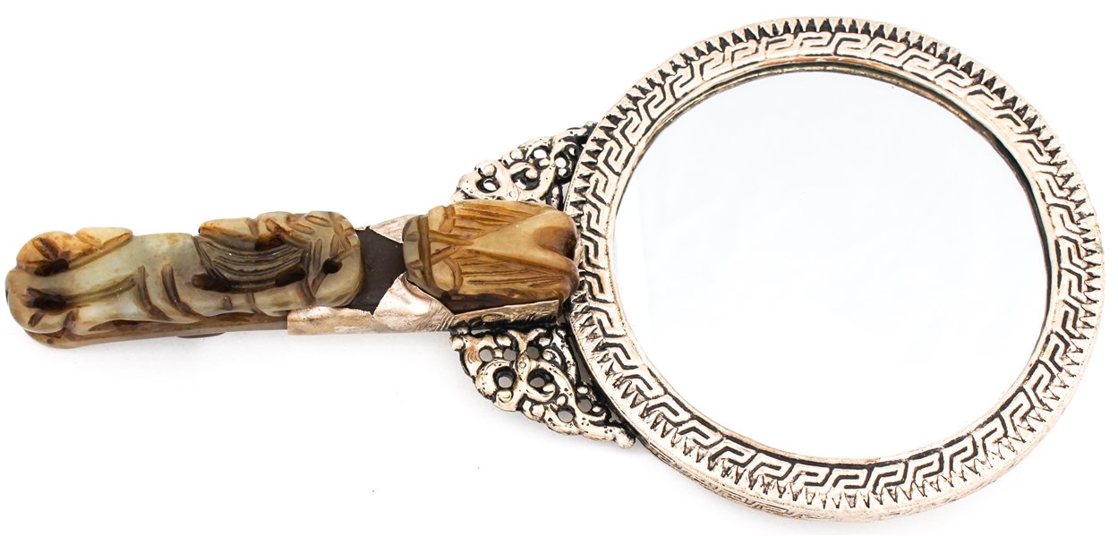 CHINESE JEWELED HAND MIRROR WITH BELT BUCKLE HANDLE