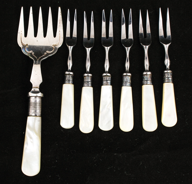 SHEFFIELD MOTHER OF PEARL SILVER PLATE FRUIT FORK SET 