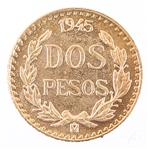 MEXICAN 1945 GOLD COIN 2 PESO