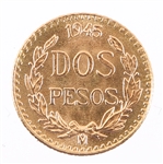 MEXICAN 1945 GOLD COIN 2 PESO