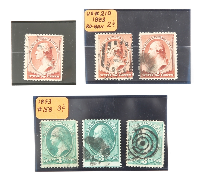 LOT OF FIVE -  3 US-158 1873 3 CENT STAMPS AND 3 US-210 1883 2 CENT STAMPS