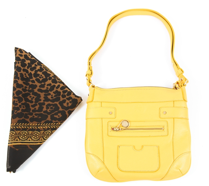 YELLOW LEATHER SHOULDER BAG AND LEOPARD PRINT PASHMINA