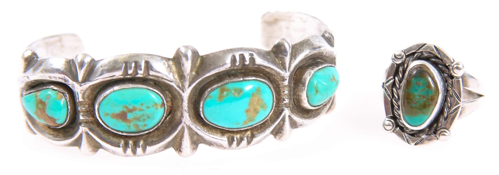 STERLING SILVER & TURQUOISE CUFF & RINGS - LOT OF 2