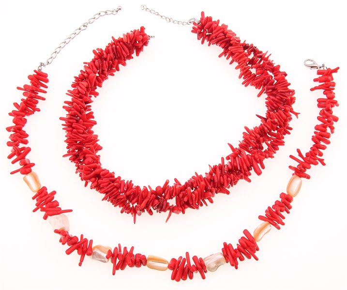 DYED CORAL BEADED NECKLACES - LOT OF 2