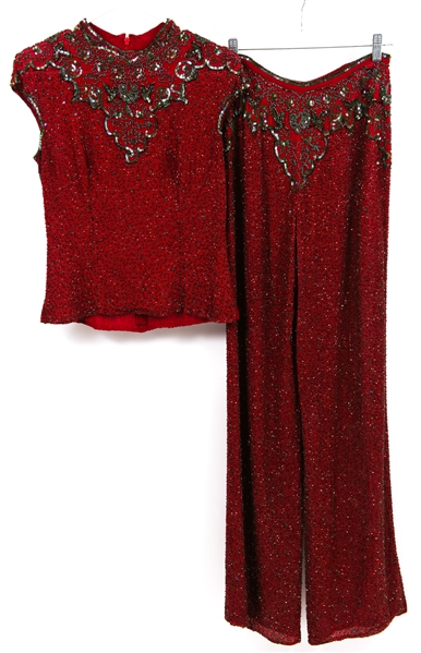 WOMENS RED SILK BEADED 2-PIECE PANT SUIT