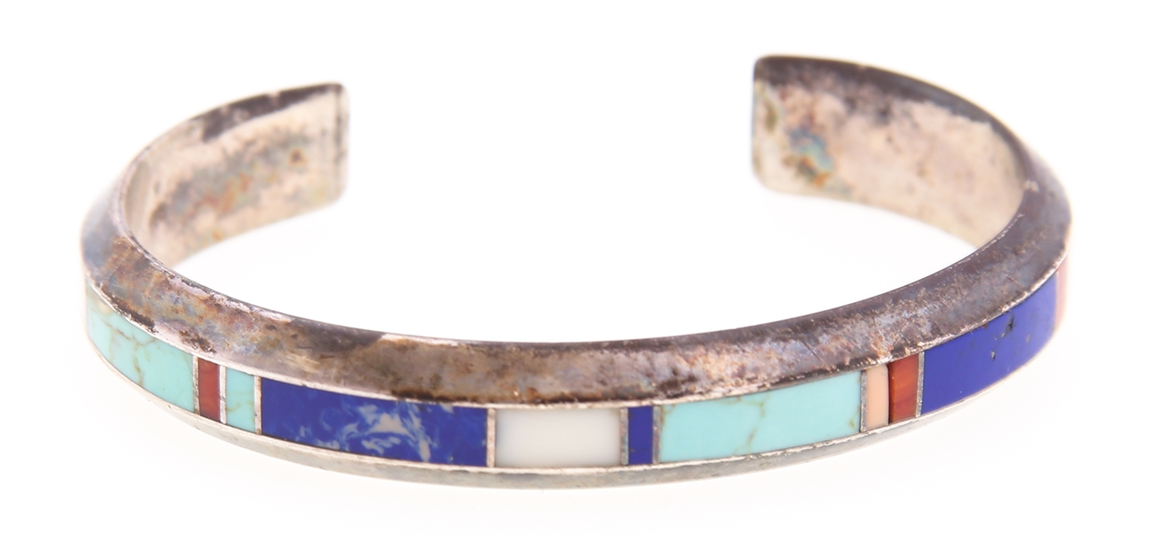 STERLING SILVER CUFF BRACELET WITH INLAID STONES