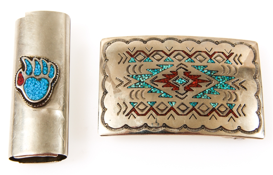 NICKEL SILVER TURQUOISE CORAL INLAY CASE & BUCKLE