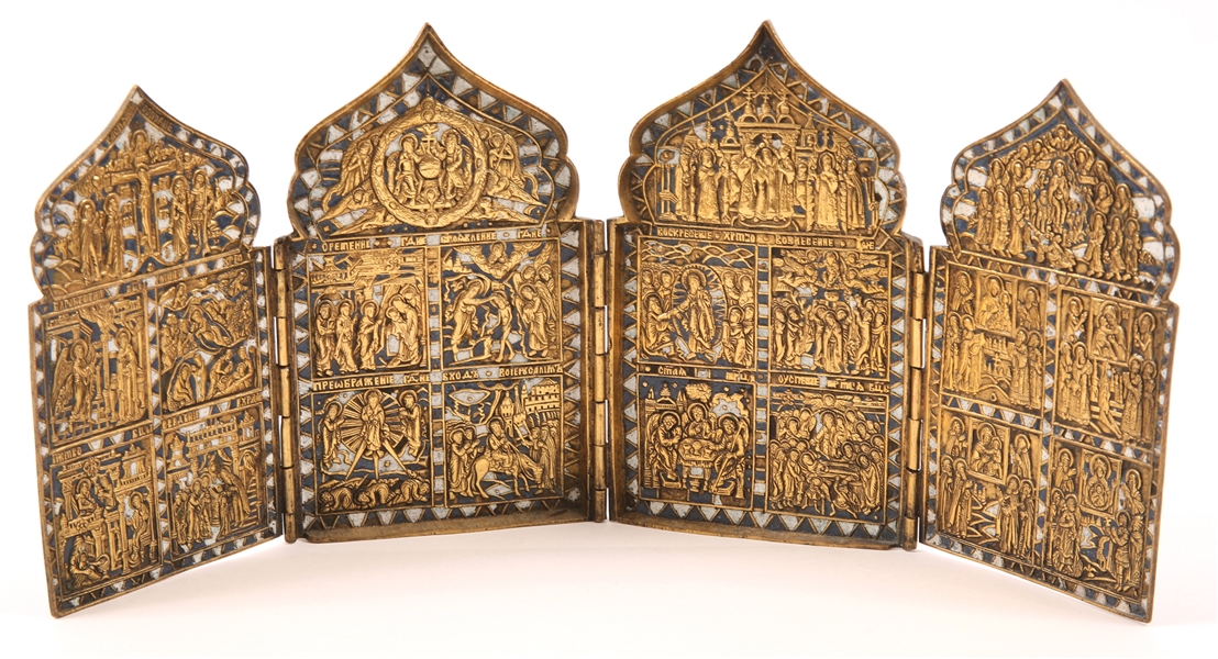 RUSSIAN BRONZE & ENAMEL 4-PANEL TRAVELING ICON 