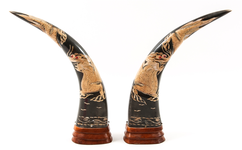 CHINESE CARVED WATER BUFFALO HORNS - DRAGONS