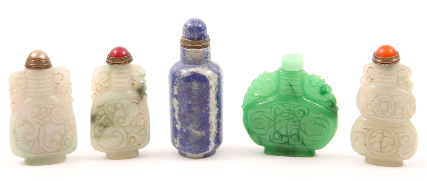 CHINESE CARVED STONE SNUFF BOTTLES - LOT OF 5