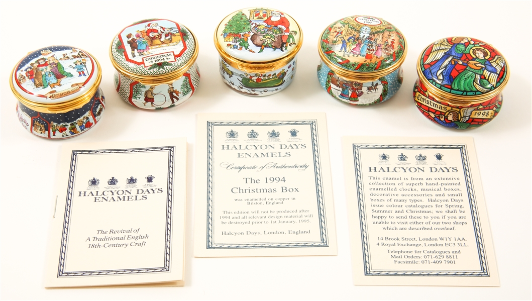 HALCYON DAYS ENAMELS CHRISTMAS BOXES - LOT OF 5