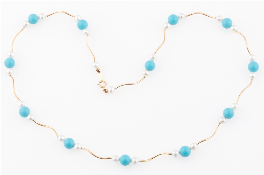 14K YELLOW GOLD PEARL & TURQUOISE BEADED NECKLACE