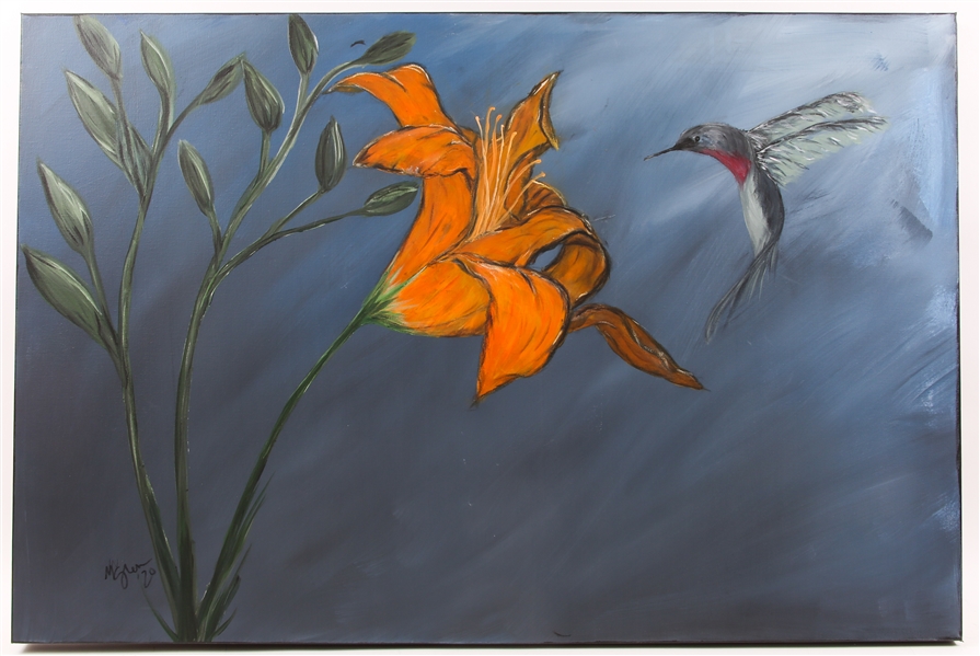 MICHAEL GREEN "LILY AND HUMMINGBIRD" ACRYLIC ON CANVAS