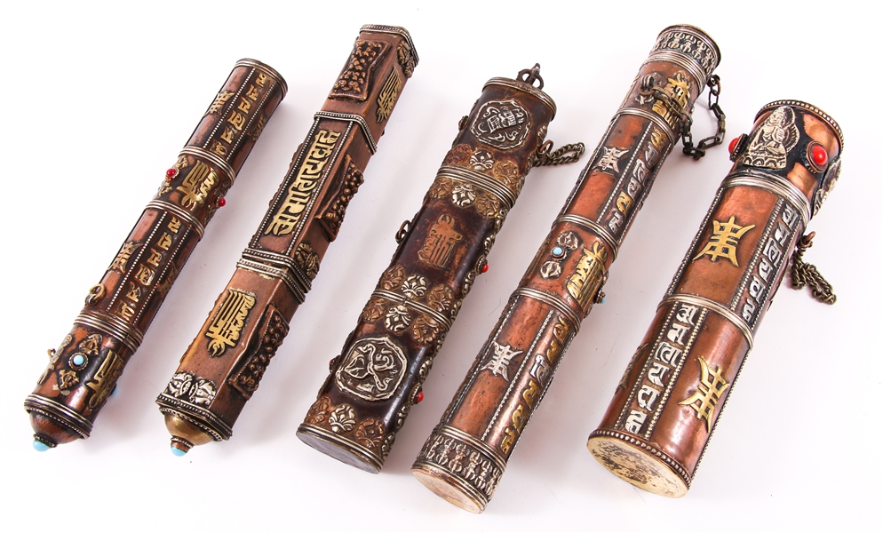 TIBETAN PRAYER SCROLL CONTAINERS - LOT OF 5