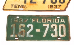 1937 LICENSE PLATES - FLORIDA AND TENNESSEE