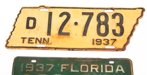 1937 LICENSE PLATES - FLORIDA AND TENNESSEE