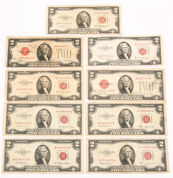 1928 & 1953 U.S. $2 RED SEAL CURRENCY - LOT OF 9