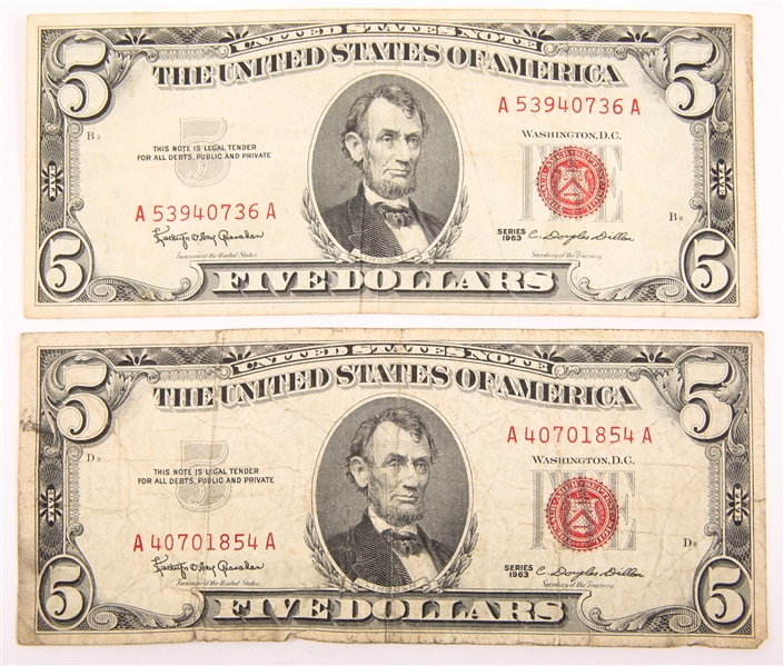 1963 U.S. $5 RED SEAL CURRENCY NOTES - LOT OF 2