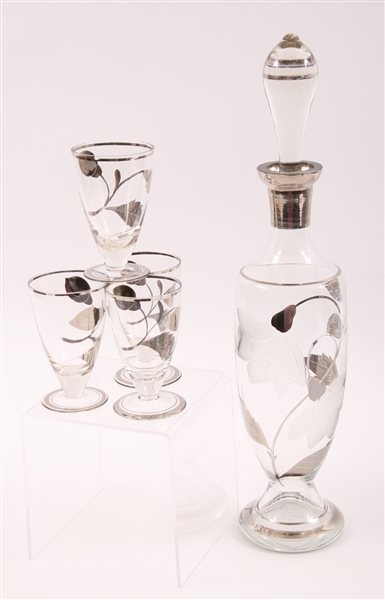 EARLY 20th C. SILVER PAINTED GLASS DECANTER & GLASSES