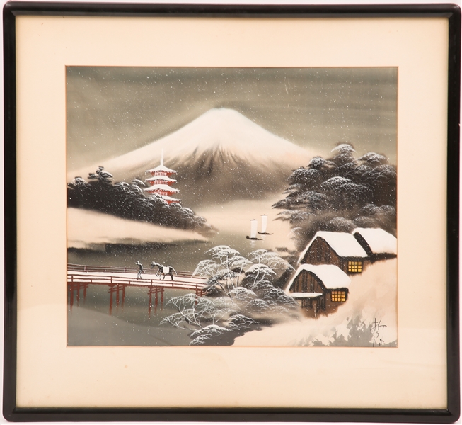 FRAMED CHINESE SILK PAINTING OF A SNOWY LANDSCAPE