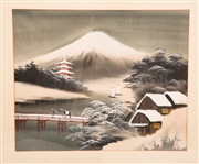 FRAMED CHINESE SILK PAINTING OF A SNOWY LANDSCAPE