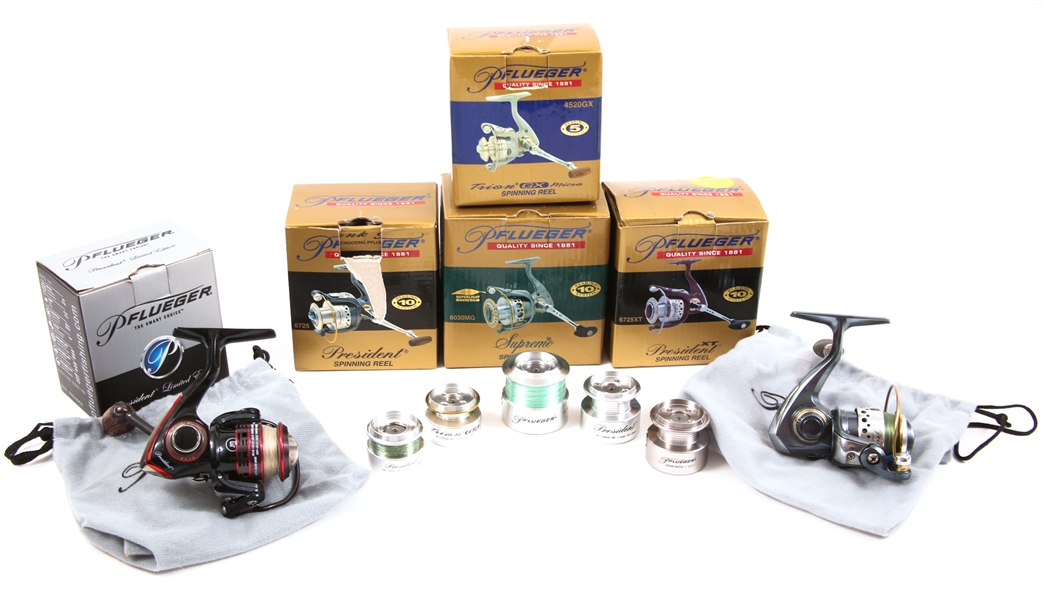 PFLUEGER FISHING REELS AND EXTRA SPOOLS - LOT OF 11