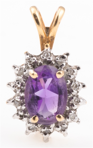 14K YELLOW GOLD AMETHYST & DIAMOND PENDANT 