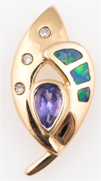 14K YELLOW GOLD TANZANITE & OPAL PENDANT