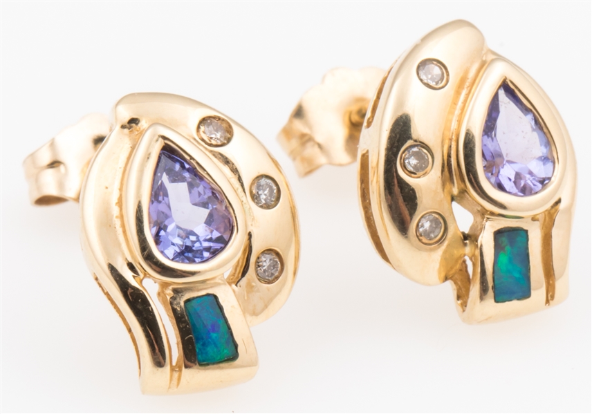 14K YELLOW GOLD TANZANITE & OPAL EARRINGS