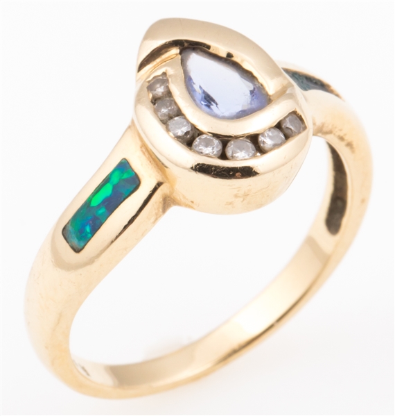 14K YELLOW GOLD TANZANITE & OPAL RING