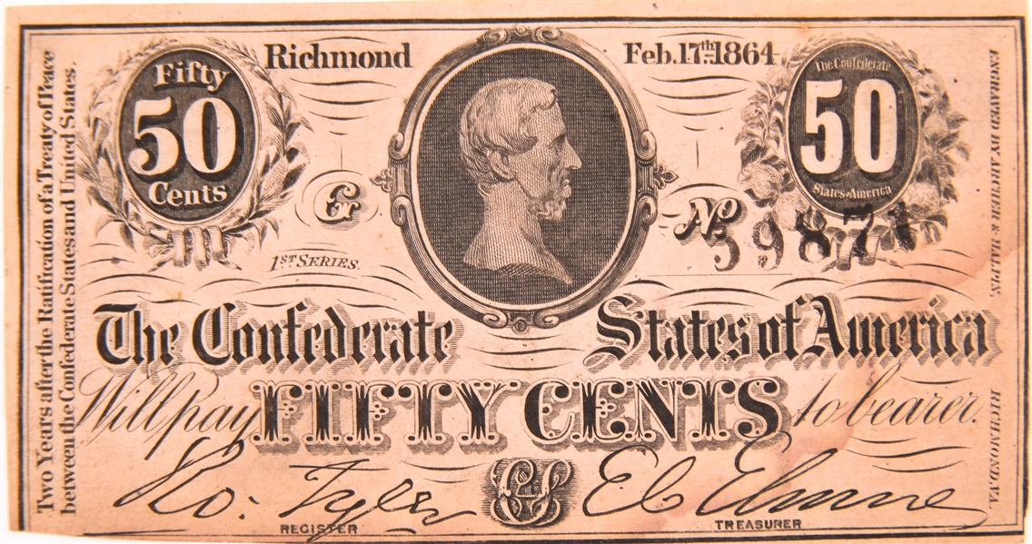 1864 50 CENTS CONFEDERATE STATES OF AMERICA BANK NOTE