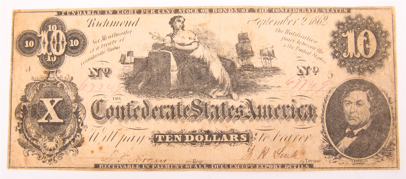 1862 $10 CONFEDERATE STATES OF AMERICA NOTE SEPT. 2ND