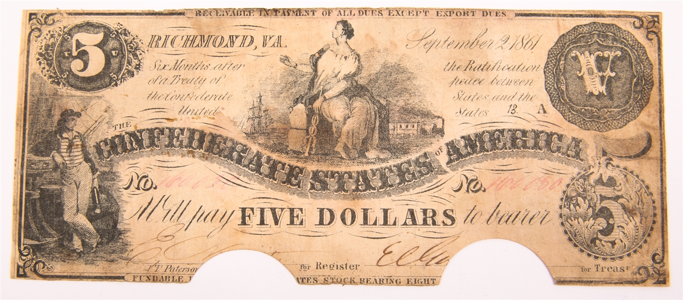 Lot Detail 1861 5 Confederate States Of America Note 