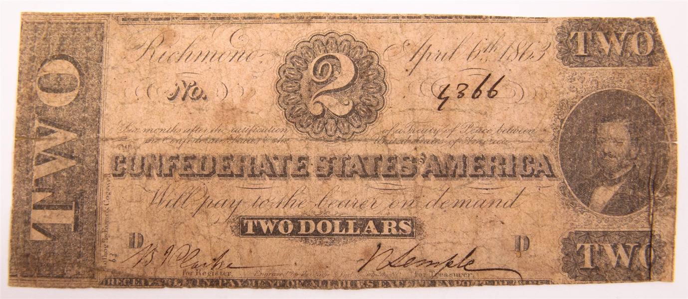 1863 $2 CONFEDERATE STATES OF AMERICA RICHMOND NOTE