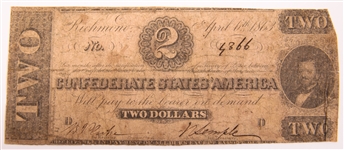 1863 $2 CONFEDERATE STATES OF AMERICA RICHMOND NOTE