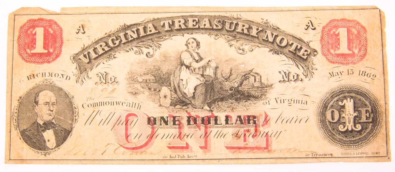 1862 $1 VIRGINIA TREASURY NOTE MAY 15TH