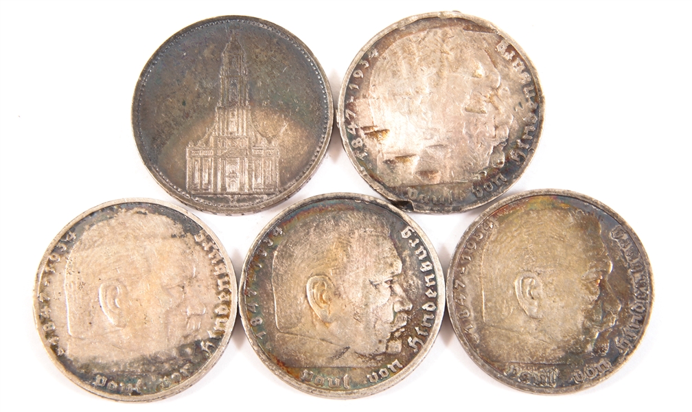 1934-1936 GERMAN 5 REICHSMARK SILVER COINS - LOT OF 5