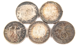 1934-1936 GERMAN 5 REICHSMARK SILVER COINS - LOT OF 5