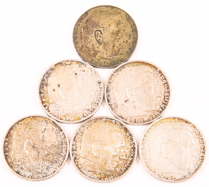 1937-1939 GERMAN 2 REICHSMARK SILVER COINS - LOT OF 6