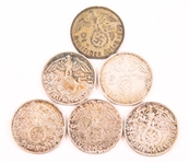 1937-1939 GERMAN 2 REICHSMARK SILVER COINS - LOT OF 6
