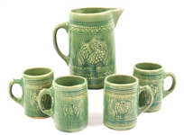 GREEN STONEWARE BEER PITCHER SET WITH 4 MUGS