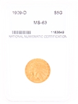 1909-D INDIAN HEAD GOLD $5 COIN - NNC MS63