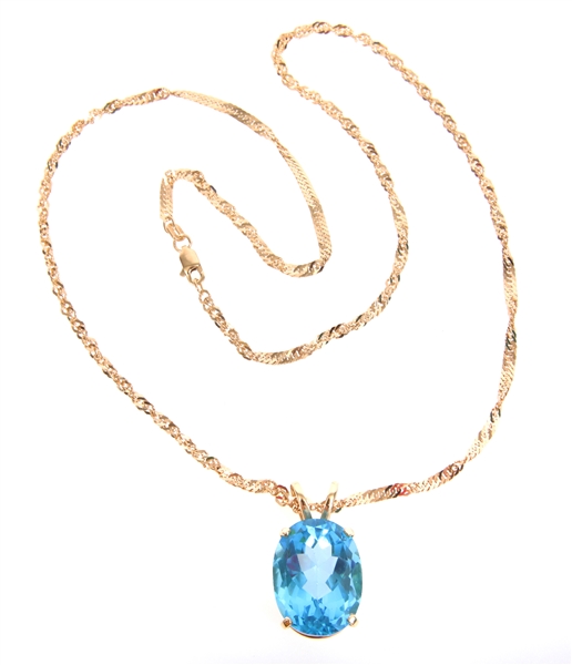 14K YELLOW GOLD BLUE TOPAZ PENDANT WITH CHAIN