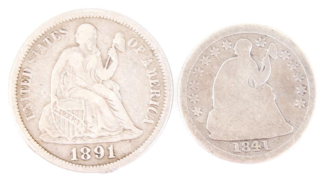 1841 & 1891 US SILVER SEATED LIBERTY DIME & HALF DIME