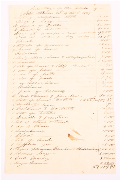 1849 ESTATE INVENTORY OF JOHN ALLISON