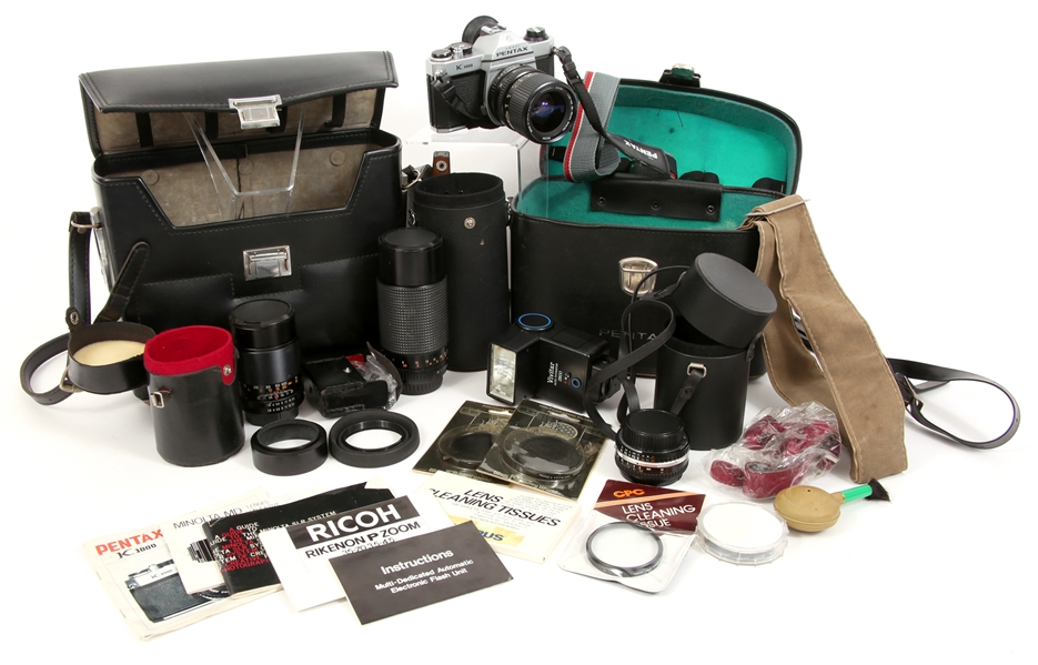 CAMERA LOT - PENTAX K1000 BODY, MIXED LENSES, BAGS, & MORE