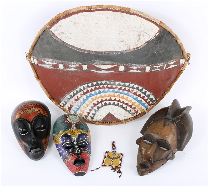 20TH CENTURY AFRICAN MASKS, BEADED PURSE, & ZULU SHIELD